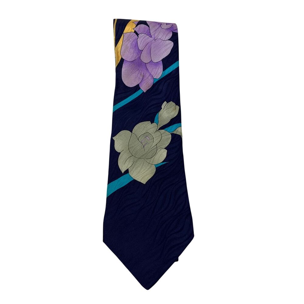 Leonard Paris Silk Tie Navy Floral Print Purple Gray Blue Made In Italy Designer